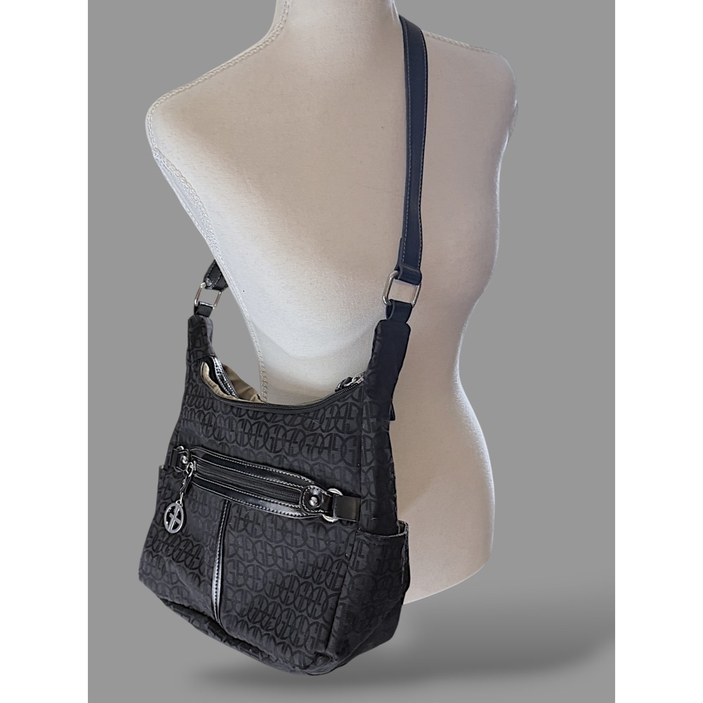 Giani Bernini Black Monogram Nylon Shoulder Bag Multi Pocket Purse Handbag